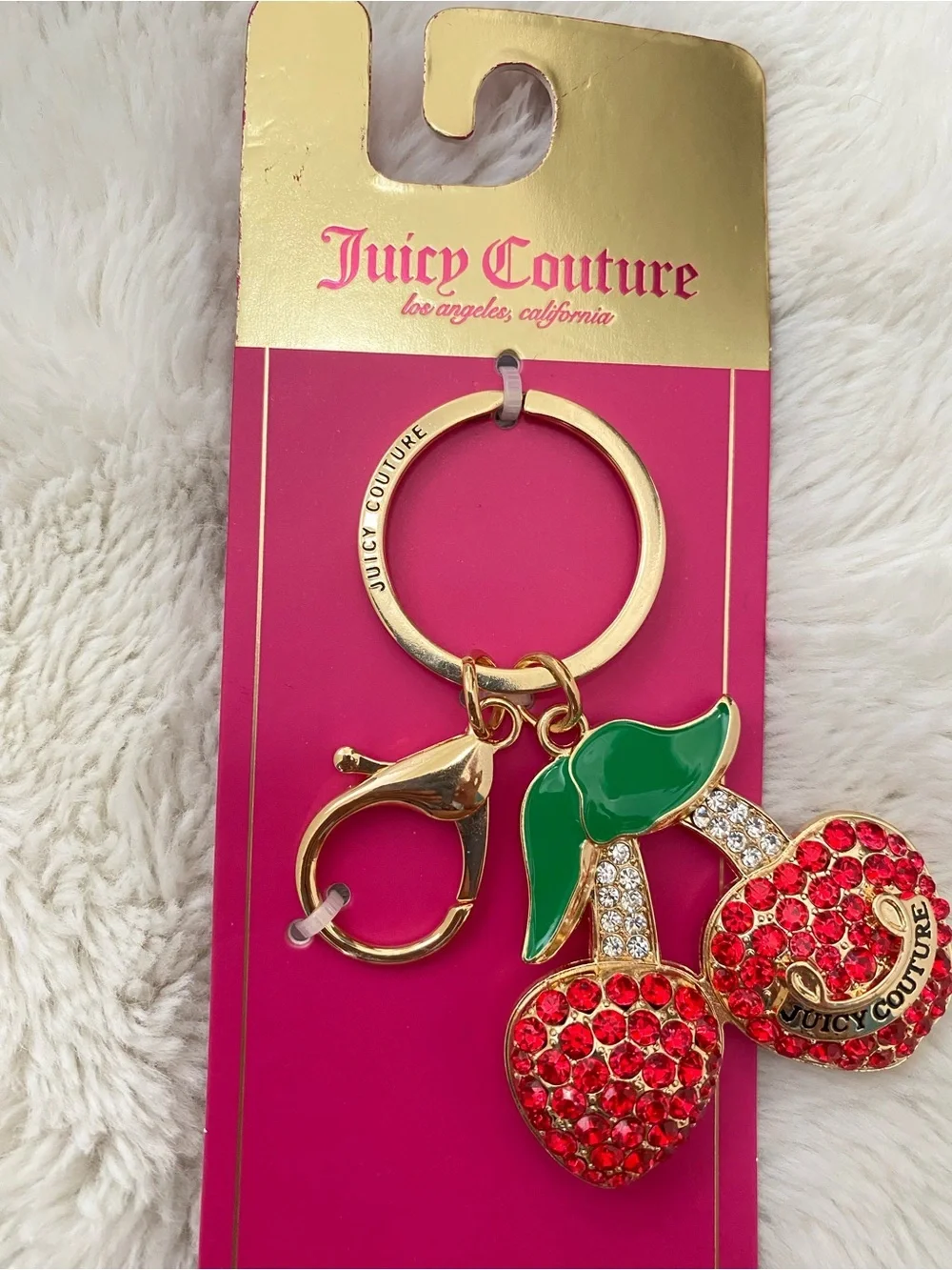 Juicy Couture Red Crystal Cherry Bag Charm Key Ring with Green Enamel Leaves